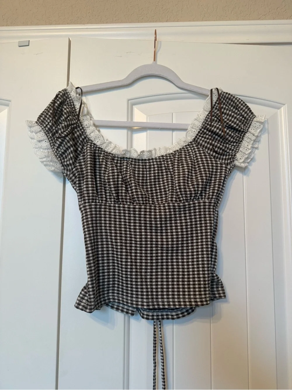 NWT Zara Gingham Lace Trim Tie Front Milkmaid Top Brown White Size S